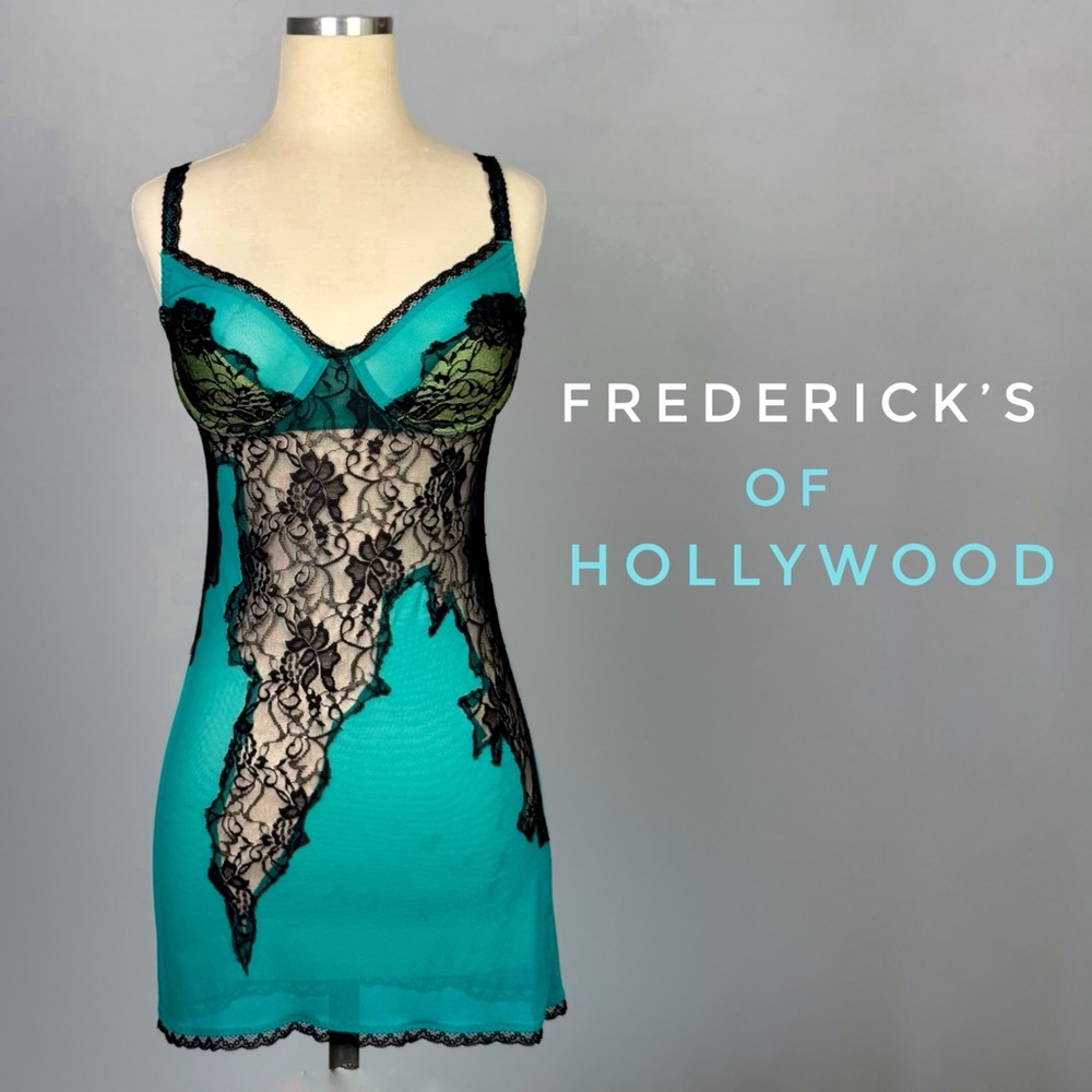 FREDERICK’S of HOLLYWOOD Turquoise and Black Lace Lingerie Slip Dress